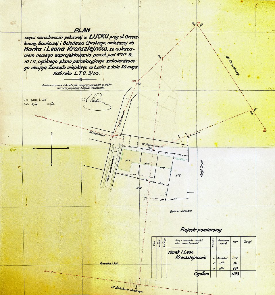 KKE 5972.jpg - Dok. Plan Nieruchmości należący do Marka i Leona Kronsztejnów wykonany przez Leopolda Kleofasa Paszkowskiego, Łuck, ulica Bankowa, 1937 r.